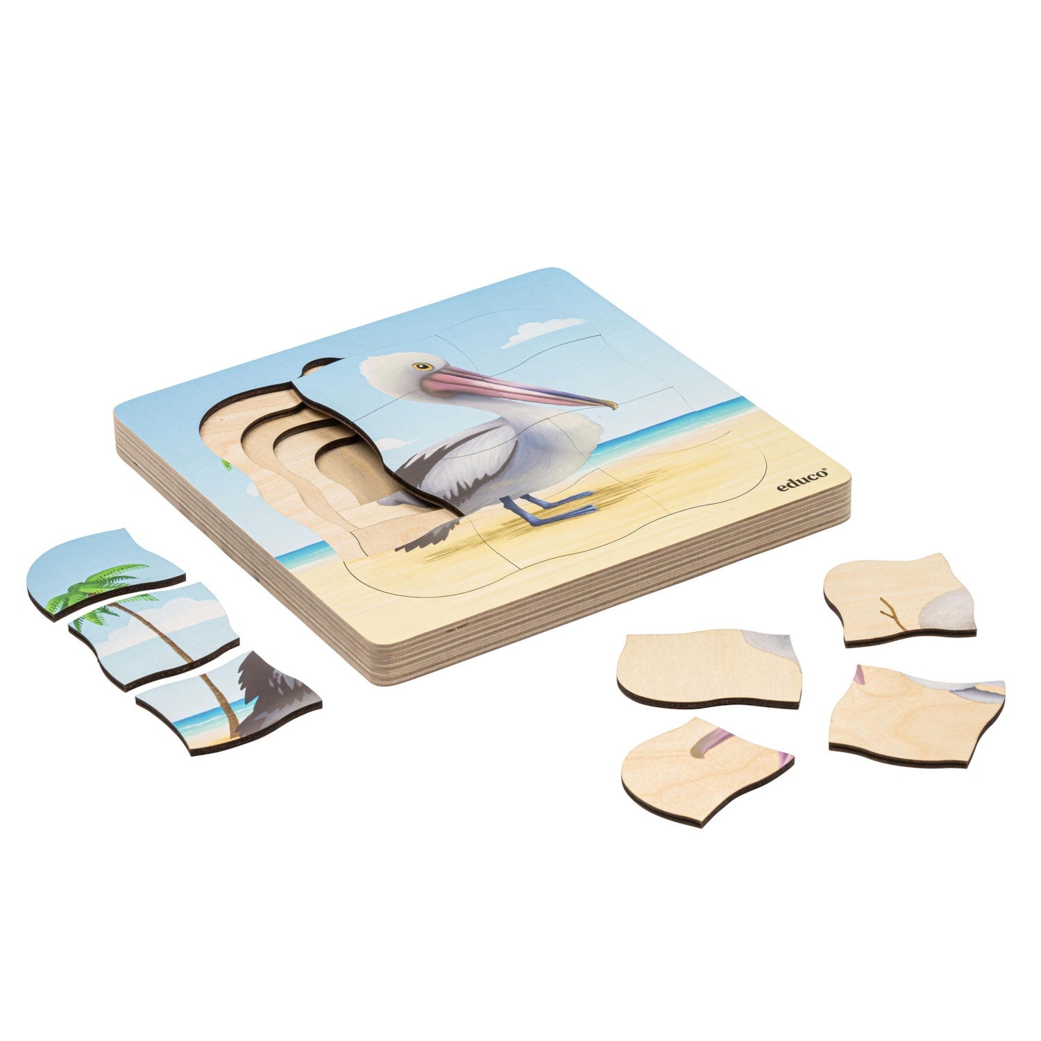 Puzzle évolutif à la plage - le pélican